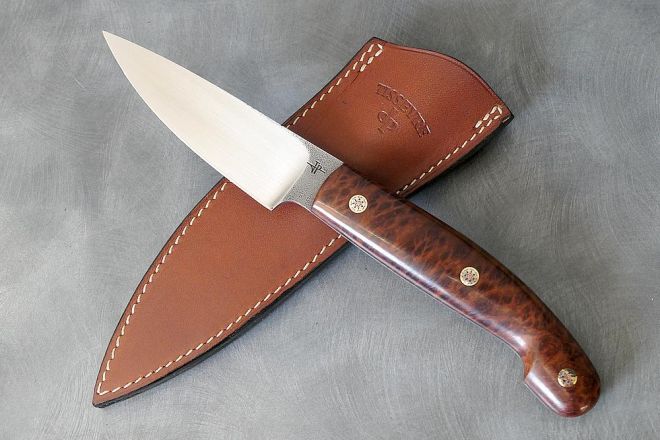 Couteau fixe drop-point manche loupe de séquoia lame acier Bölher N690