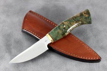 Petit couteau chasse Skinner loupe d'érable stabilisé teinté acier damas