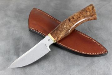 Couteau chasse Skinner loupe d'orme stabilisé teinté acier damas inox