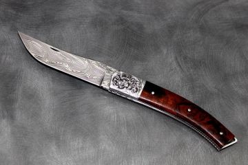 Couteau pliant Le Paratge loupe de bois de fer d'Arizona damas gravure Fabre (MOF)