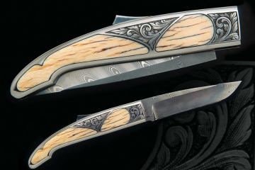 Couteau de collection Tétras ivoire damas gravure anglaise
