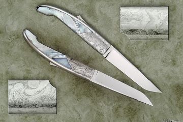 Couteau de collection Tétras nacre gravure de Bruno Casetto