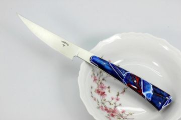 Couteau L'As de table acier Alenox18cr acrylique bleu filets rouges et blancs