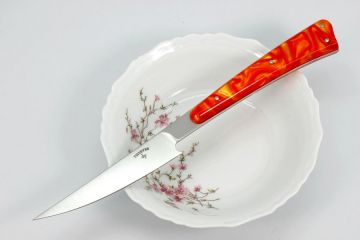 Couteau L\'As de table acier Alenox18cr acrylique orange filets rouges