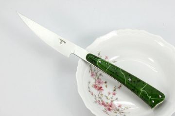 Couteau L'As de table acier Alenox18cr acrylique vert filets verts clairs