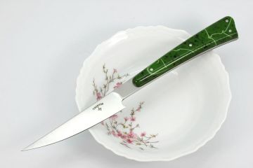 Couteau L\'As de table acier Alenox18cr acrylique vert filets verts clairs