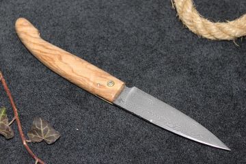 Couteau Le Berger lame damas carbone manche ronce de frêne