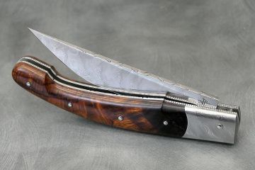 Couteau de luxe Baroudeur lame et mitres damas inox, ronce bois de fer d'Arizona