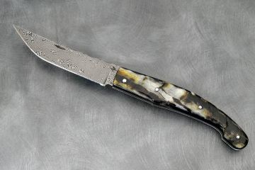 Couteau pliant Baroudeur 12cm corne de bélier acier damas carbone