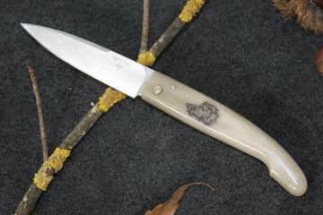 Couteau pliant chasse sanglier, Berger corne blonde acier carbone xc75