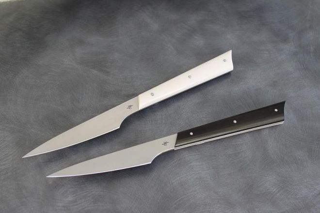 Couteau de table design \"Duo damier\" ivoire mammouth ébène