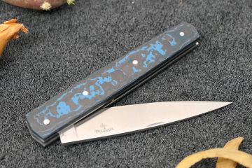 Couteau pliant Espadon 10,5cm lame 14c28 manche fibre de carbone bleu
