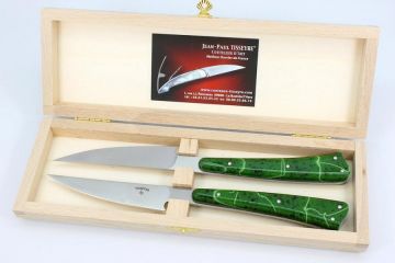 Couteaux \"As de table\" acrylique vert filets verts clairs coffret de 2