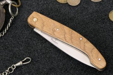 Couteau de poche artisanal Peyrecave acier carbone xc75 bois vieux chêne