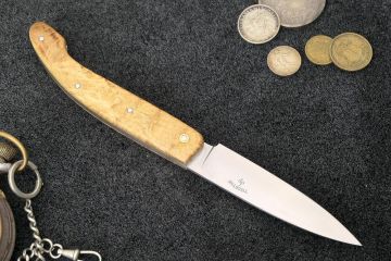 Couteau de poche artisanal Peyrecave acier inox 12c27 bois loupe d\'acacia