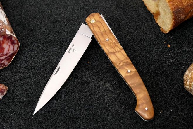 Couteau pliant artisanal Pyrène 13cm frêne stabilisé acier carbone XC75