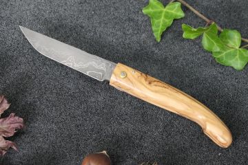 Couteau custom Montségur Prestige damas carbone ronce d\'olivier