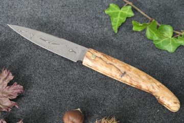 Couteau Le Berger lame damas carbone manche ronce hêtre stabilisé