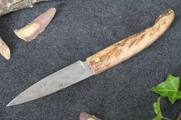 Couteau Le Berger lame damas carbone manche ronce hêtre stabilisé