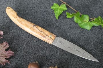 Couteau Le Berger lame damas carbone manche ronce hêtre stabilisé