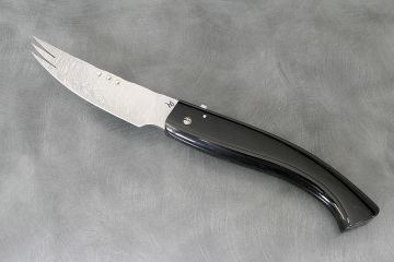 Couteau orthopédique pliant cran d\'arrêt lame acier damas avec fourchette