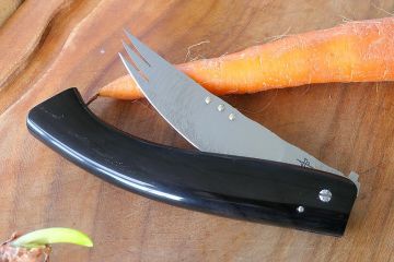 Couteau orthopédique pliant cran d'arrêt lame acier damas avec fourchette
