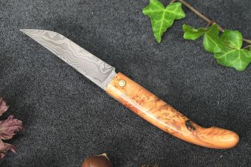 Couteau custom Montségur Prestige damas carbone loupe de cade