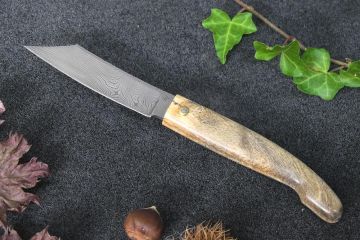 Couteau pliant Patriarche lame damas carbone manche marronnier stabilisé
