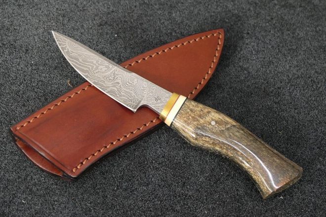 Petit couteau chasse Skinner os de mammouth stabilisé acier damas carbone
