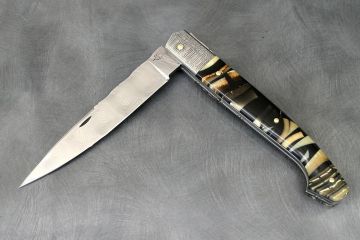 Couteau pliant Pyrène ivoire de mammouth acier damas inox